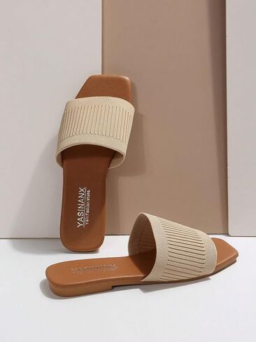 OYOANGLE Women's Square Open Toe Slide Sandals Summer Slip on Flat Sandals | Women Sandals Comfortable,Single Band Summer Beach Casual Shoes,Women Sandals Comfortable Wide in Saudi Arabia