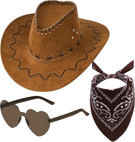 choyaxo Western Cowboy Costume Set Including Cowgirl Hat Heart Shaped Sunglasses and Bandana for Halloween， in Saudi Arabia
