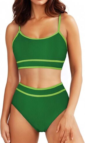 Herseas Womens Bikini Sets Ribbed Color Block Swimsuit Scoop Neck Bathing Suit in Saudi Arabia