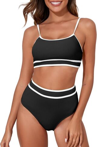 Herseas Womens Bikini Sets Ribbed Color Block Swimsuit Scoop Neck Bathing Suit in Saudi Arabia