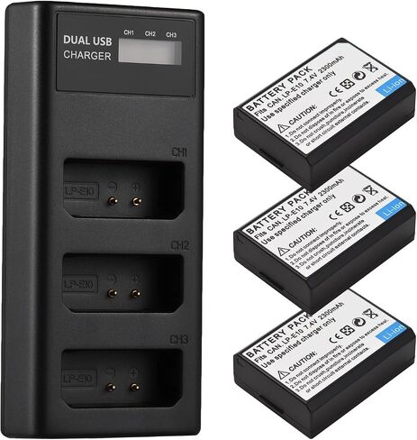 شاحن بطارية Sunydog LP-E10 شاحن 3 فتحات مع مؤشرات LED منفذ USB صغير ونوع C + 3 قطع بطاريات LP-E10 7.4 فولت 2300 مللي أمبير متوافقة مع EOS Rebel T3/T5/T6/T7/T100 Kiss X50/X70/X80/X90/ 1100 د in Kuwait