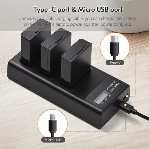 شاحن بطارية Sunydog LP-E10 شاحن 3 فتحات مع مؤشرات LED منفذ USB صغير ونوع C + 3 قطع بطاريات LP-E10 7.4 فولت 2300 مللي أمبير متوافقة مع EOS Rebel T3/T5/T6/T7/T100 Kiss X50/X70/X80/X90/ 1100 د in Kuwait