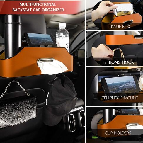 Backseat Car Organizer, Leather Car Organizer Backseat, Car Back Seat Organizer with 2 Cup Holder,1 Tissue Holder, Seat Headrest Hooks Storage, Phone Stand Holder,Great for Kids Children, Black in Saudi Arabia