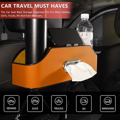 Backseat Car Organizer, Leather Car Organizer Backseat, Car Back Seat Organizer with 2 Cup Holder,1 Tissue Holder, Seat Headrest Hooks Storage, Phone Stand Holder,Great for Kids Children, Black in Saudi Arabia