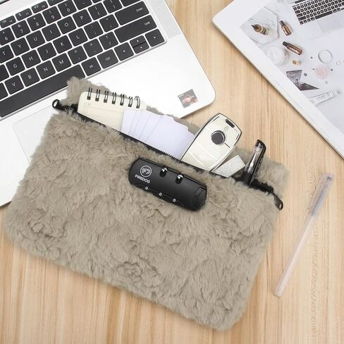 FIREDOG Money Bag with Lock, Furry Fluffy Faux Fur Locking Pouch for Cash, Bank Deposits, Wallet, Medicine, Phone and Credit Cards(Tan) in Saudi Arabia