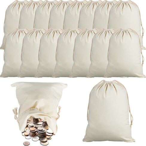 Silkfly 15 Pcs Canvas Drawstring Bag 16 x 12 Inch Muslin Bags with Drawstrings Reusable Produce Bags Coin Money Bank Bag for Store Change, Rice, Toy, Clothing and Accessories in Saudi Arabia