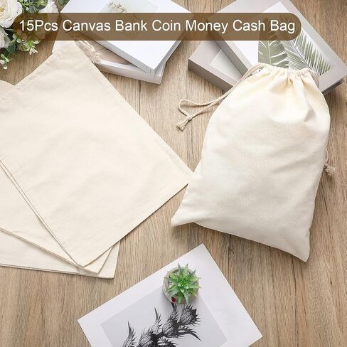 Silkfly 15 Pcs Canvas Drawstring Bag 16 x 12 Inch Muslin Bags with Drawstrings Reusable Produce Bags Coin Money Bank Bag for Store Change, Rice, Toy, Clothing and Accessories in Saudi Arabia