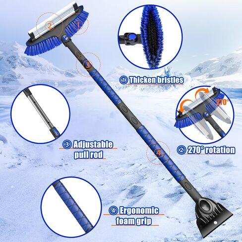 TESSONO 55.7" Ice Scraper, Extendable Snow Brush and Snow Broom with Ergonomic Foam Grip for Car Windshield, 3-in-1 Car Snow Scraper with 270° Pivoting Brush Head for Car Windshield, Trucks, SUVs in Saudi Arabia