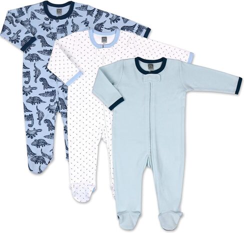 مجموعة Peanutshell Baby Sleeper للأولاد والبنات | 3 عبوات من الديناصورات، باللون الأزرق الصلب والنقاط | بيجامة بأقدام من حديثي الولادة إلى 9 أشهر (حديثي الولادة) in Kuwait