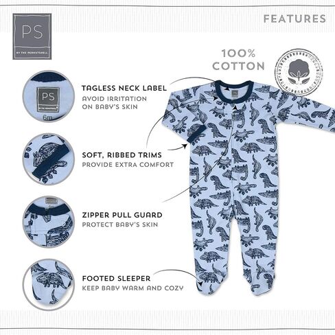 مجموعة Peanutshell Baby Sleeper للأولاد والبنات | 3 عبوات من الديناصورات، باللون الأزرق الصلب والنقاط | بيجامة بأقدام من حديثي الولادة إلى 9 أشهر (حديثي الولادة) in Kuwait
