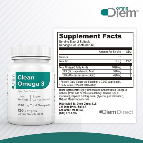 Omne Diem Clean Omega 3 - 1020 مجم، 120 كبسولة هلامية - مكمل غذائي لزيت السمك مع أحماض أوميغا 3 الدهنية: EPA وDHA in Saudi Arabia