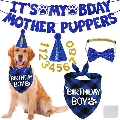 STMK Dog Birthday Decorations, Multi Sizes Dog Birthday Hat Dog Birthday Bandana Boy Bow Tie Birthday Numbers It’s My Bday Mother Puppers Banner for Small Medium Dogs Pets (Blue, Small) in Kuwait