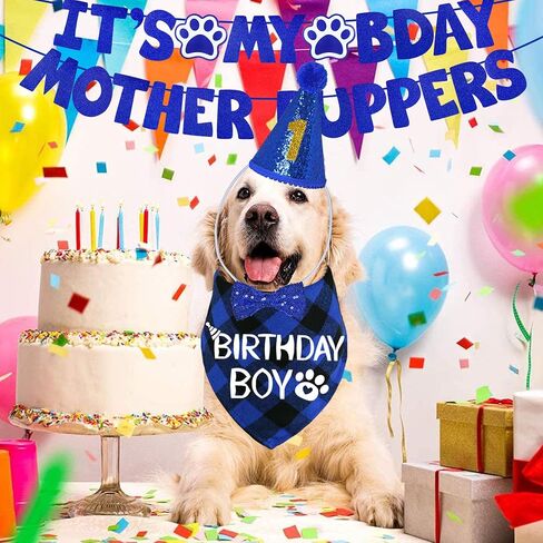 STMK Dog Birthday Decorations, Multi Sizes Dog Birthday Hat Dog Birthday Bandana Boy Bow Tie Birthday Numbers It’s My Bday Mother Puppers Banner for Small Medium Dogs Pets (Blue, Small) in Kuwait