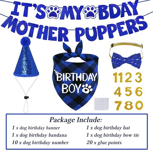 STMK Dog Birthday Decorations, Multi Sizes Dog Birthday Hat Dog Birthday Bandana Boy Bow Tie Birthday Numbers It’s My Bday Mother Puppers Banner for Small Medium Dogs Pets (Blue, Small) in Kuwait