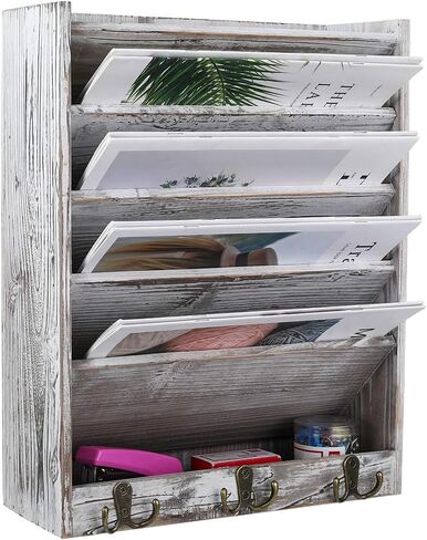 Superbpag Wood Wall Mounted File Holder Organizer Literature Rack with 6 Hooks Mail Paper Organizer for Home Office Dormitory in Saudi Arabia