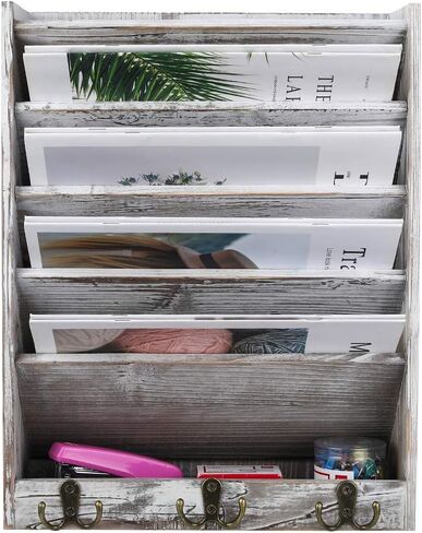 Superbpag Wood Wall Mounted File Holder Organizer Literature Rack with 6 Hooks Mail Paper Organizer for Home Office Dormitory in Saudi Arabia