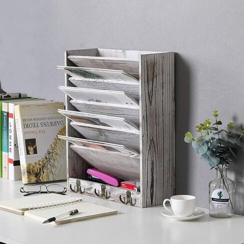 Superbpag Wood Wall Mounted File Holder Organizer Literature Rack with 6 Hooks Mail Paper Organizer for Home Office Dormitory in Saudi Arabia