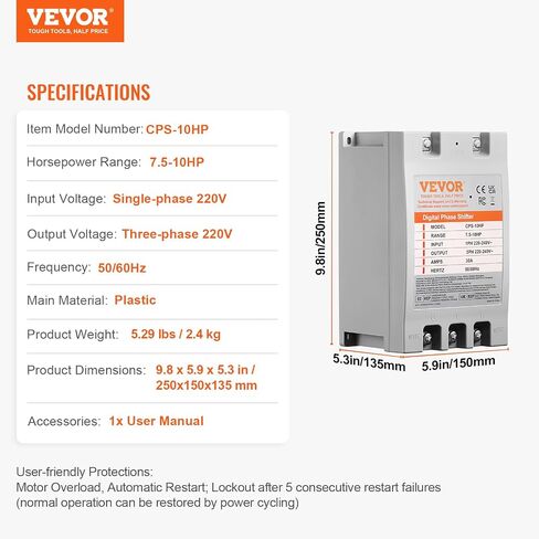 VEVOR 3 Phase Converter - 10HP 30A 220V Single Phase to 3 Phase Converter, 220V-240V Input/Output, Digital Phase Shifter for Residential & Light Commercial Use (One Converter for One Motor Only) in Saudi Arabia