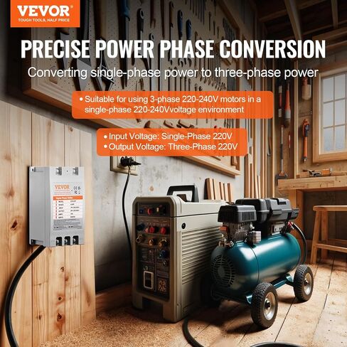 محول VEVOR ثلاثي الطور - 10HP 30A 220V مرحلة واحدة إلى 3 مراحل، 220V-240V إدخال/إخراج، محول الطور الرقمي للاستخدام السكني والتجاري الخفيف (محول واحد لمحرك واحد فقط) in Kuwait