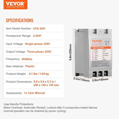 محول VEVOR ثلاثي الطور - 10HP 30A 220V مرحلة واحدة إلى 3 مراحل، 220V-240V إدخال/إخراج، محول الطور الرقمي للاستخدام السكني والتجاري الخفيف (محول واحد لمحرك واحد فقط) in Kuwait
