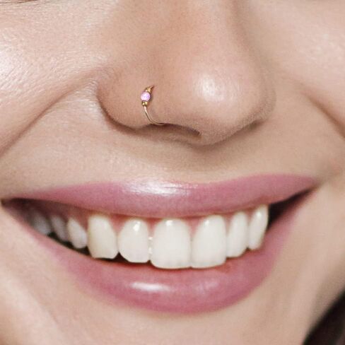 Fake Gold Nose Ring Blue Opal For Woman – 14K Gold Filled 24G 8mm Fake Nose Hoop Piercing – 2mm Opal 1mm Gold Beads – Birthday Mother's Day Anniversary Gift in Saudi Arabia