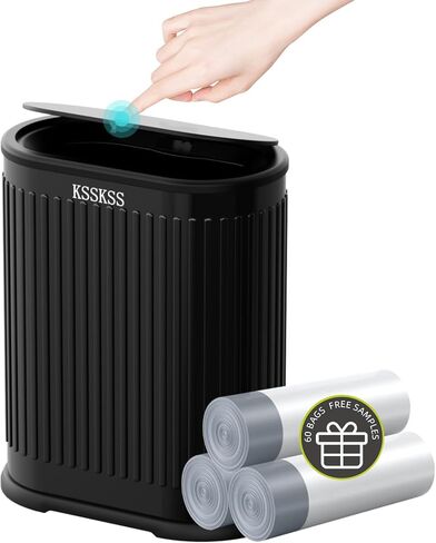 KSSKSS 1.8 جالون سلة مهملات الحمام البيضاء الصغيرة مع غطاء، صندوق قمامة الحمام النحيف، سلة مهملات مقاومة للكلاب مع غطاء منبثق لغرفة النوم، المرحاض، أسود in Kuwait