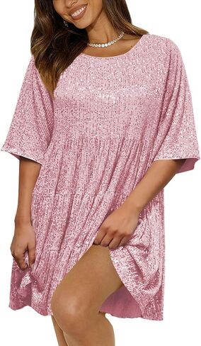 MIYIEONZ فستان نسائي مزين بالترتر سباركلي قصير متدرج كشكش غير رسمي فضفاض بريق لامع فستان الحفلات والنوادي الليلية in Kuwait