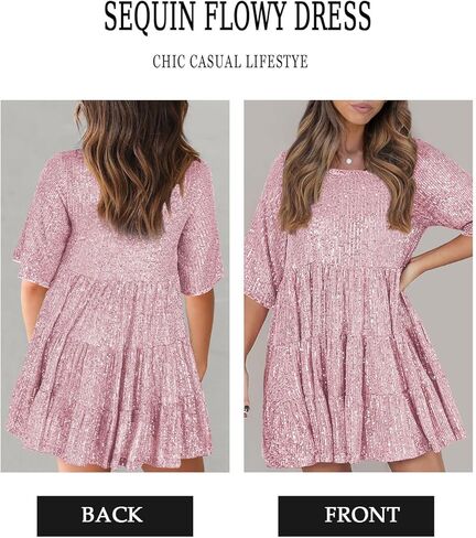 MIYIEONZ فستان نسائي مزين بالترتر سباركلي قصير متدرج كشكش غير رسمي فضفاض بريق لامع فستان الحفلات والنوادي الليلية in Kuwait