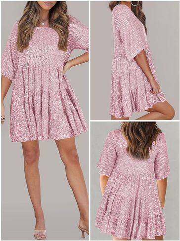 MIYIEONZ فستان نسائي مزين بالترتر سباركلي قصير متدرج كشكش غير رسمي فضفاض بريق لامع فستان الحفلات والنوادي الليلية in Kuwait