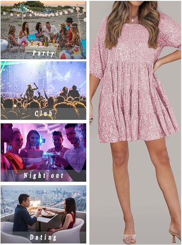 MIYIEONZ فستان نسائي مزين بالترتر سباركلي قصير متدرج كشكش غير رسمي فضفاض بريق لامع فستان الحفلات والنوادي الليلية in Kuwait