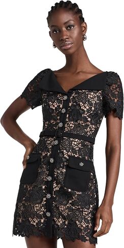 فستان قصير برقبة مفتوحة من الدانتيل الأسود للسيدات من Self Portrait in Kuwait