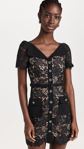 فستان قصير برقبة مفتوحة من الدانتيل الأسود للسيدات من Self Portrait in Kuwait