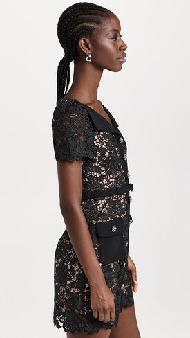 فستان قصير برقبة مفتوحة من الدانتيل الأسود للسيدات من Self Portrait in Kuwait