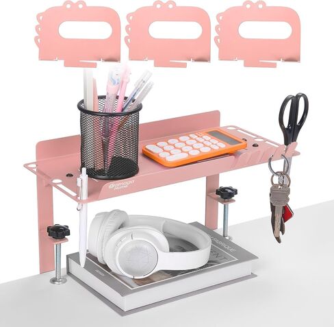 yamagahome Clamp-on Desk Shelf, Metal Desktop Display Shelf, Desk Extension Shelf with Hanging Hooks & Pen Holder, Adjustable Desktop Organizer for Desktop Storage, Office Organization (Pink) in Saudi Arabia