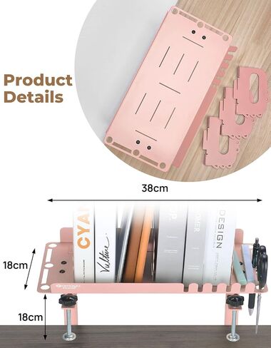 yamagahome Clamp-on Desk Shelf, Metal Desktop Display Shelf, Desk Extension Shelf with Hanging Hooks & Pen Holder, Adjustable Desktop Organizer for Desktop Storage, Office Organization (Pink) in Saudi Arabia