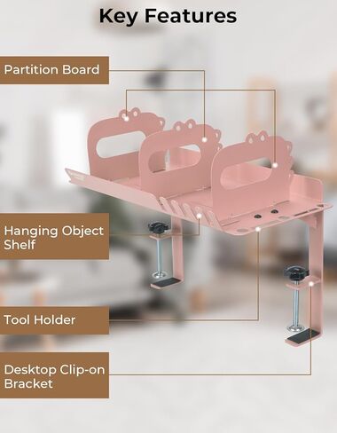 yamagahome Clamp-on Desk Shelf, Metal Desktop Display Shelf, Desk Extension Shelf with Hanging Hooks & Pen Holder, Adjustable Desktop Organizer for Desktop Storage, Office Organization (Pink) in Saudi Arabia