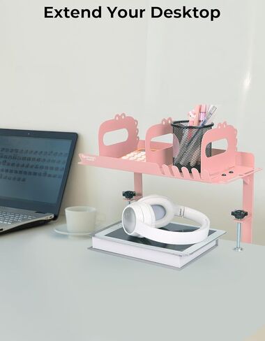 yamagahome Clamp-on Desk Shelf, Metal Desktop Display Shelf, Desk Extension Shelf with Hanging Hooks & Pen Holder, Adjustable Desktop Organizer for Desktop Storage, Office Organization (Pink) in Saudi Arabia