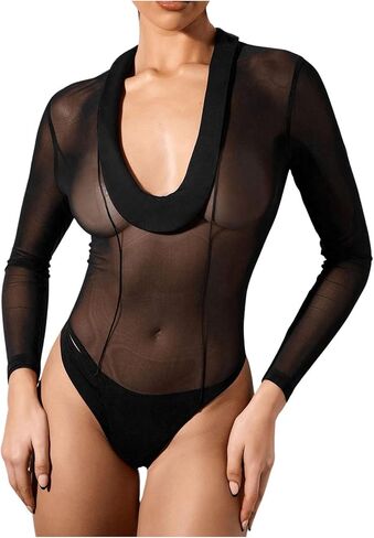 OYOANGLE Women's Sheer Mesh Plunge Neck Bodysuit Long Sleeve Stitching Neckline Slim Fit Leotard in Saudi Arabia