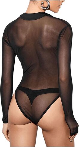 OYOANGLE Women's Sheer Mesh Plunge Neck Bodysuit Long Sleeve Stitching Neckline Slim Fit Leotard in Saudi Arabia