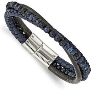 Stainless Steel Polished Multi Strand Blue Chalcedony and Tiger's Eye Beaded Black and Blue Leather Bracelet 8.25" in Saudi Arabia