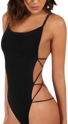 Evankin Womens' Sexy Bodysuit Lace up Backless Black Jumpsuit Women's Sleeveless Beach Swimsuit Slim Fit Round Neck Costume in Saudi Arabia