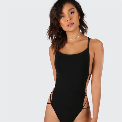 Evankin Womens' Sexy Bodysuit Lace up Backless Black Jumpsuit Women's Sleeveless Beach Swimsuit Slim Fit Round Neck Costume in Saudi Arabia