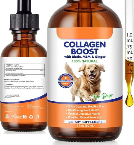 Collagen for Dogs 60ml, Liquid Dog Collagen Drops, Liquid Collagens for Dogs Joints, Skin & Coat, Support Dog Itchy Skin Relief & Digestive Health, Pet Supplement with Biotin,MSM&Ginger, Bacon Flavor in Kuwait