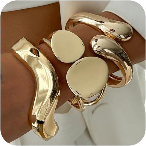 CASDAN Chunky Gold Bangle Bracelets for Women Dainty 14k Gold Plated Twist Hinged Cuff Stackable Bangles Set Trendy Statement Bracelet Stack Fashion Jewelry Gifts in Saudi Arabia
