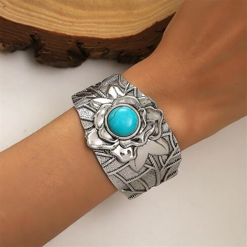 Bohemian Western Turquoise Cuff Bracelet for Women Cowgirl,Vintage Chunky Turquoise Cuff Bracelet Trendy Western Country Costume Jewelry Accessories in Saudi Arabia