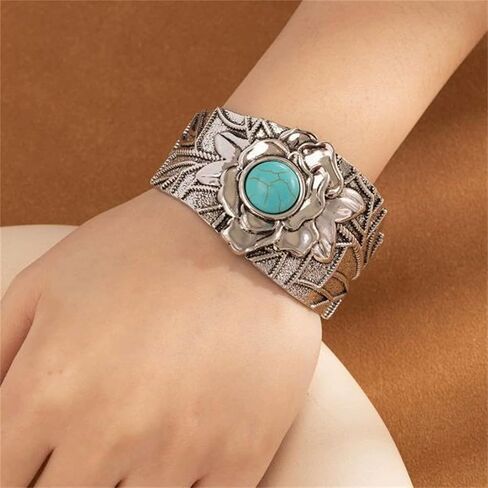 Bohemian Western Turquoise Cuff Bracelet for Women Cowgirl,Vintage Chunky Turquoise Cuff Bracelet Trendy Western Country Costume Jewelry Accessories in Saudi Arabia