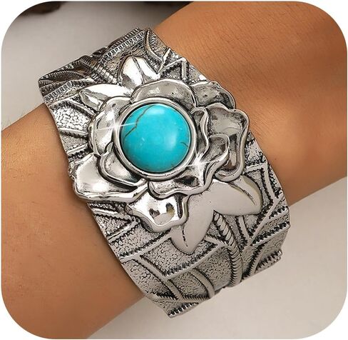 Bohemian Western Turquoise Cuff Bracelet for Women Cowgirl,Vintage Chunky Turquoise Cuff Bracelet Trendy Western Country Costume Jewelry Accessories in Saudi Arabia