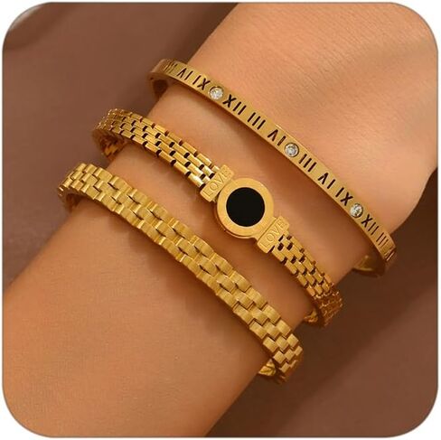 Gold Chain Link Bracelets for Women, Roman Numeral Bangle with Black Circle Charm, Lightweight Everyday Wear Jewelry Set, 3 Piece in Saudi Arabia