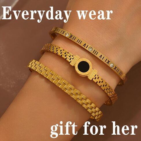 Gold Chain Link Bracelets for Women, Roman Numeral Bangle with Black Circle Charm, Lightweight Everyday Wear Jewelry Set, 3 Piece in Saudi Arabia