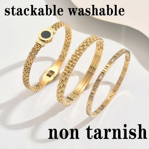 Gold Chain Link Bracelets for Women, Roman Numeral Bangle with Black Circle Charm, Lightweight Everyday Wear Jewelry Set, 3 Piece in Saudi Arabia